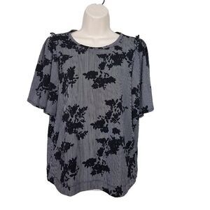 Worthington Petites PM Black White Stripe Floral Blouse Stretch Dressy Work